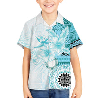 Samoa Siapo Pattern With Teal Hibiscus Family Matching Off Shoulder Short Dress and Hawaiian Shirt LT05 Son's Shirt Teal - Polynesian Pride