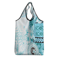 Samoa Siapo Pattern With Teal Hibiscus Grocery Bag