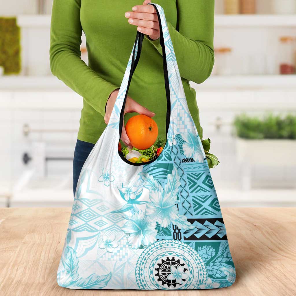 Samoa Siapo Pattern With Teal Hibiscus Grocery Bag