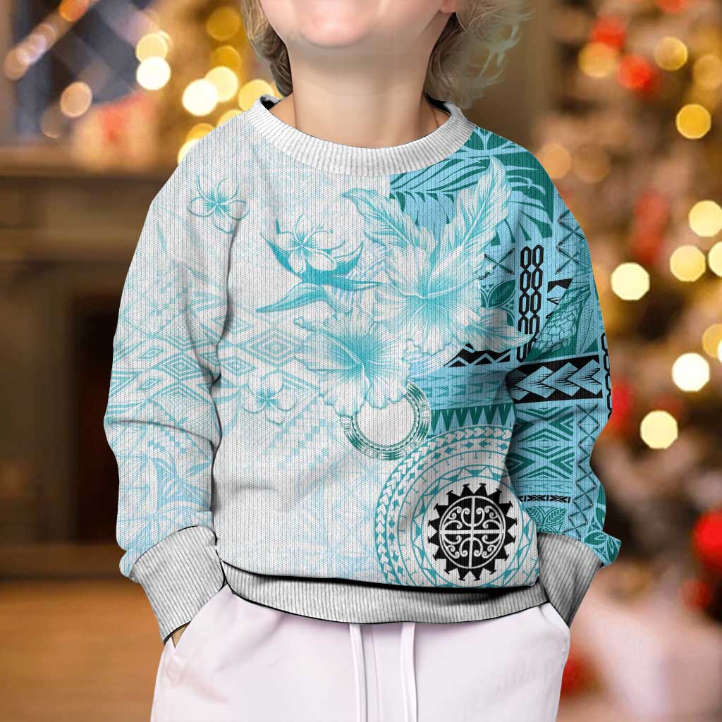 Samoa Siapo Pattern With Teal Hibiscus Kid Ugly Christmas Sweater
