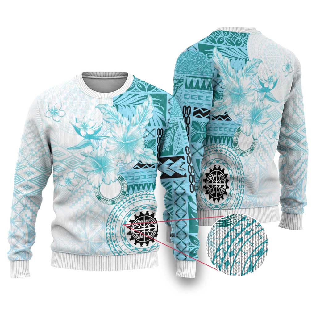 Samoa Siapo Pattern With Teal Hibiscus Ugly Christmas Sweater