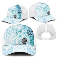 Samoa Siapo Pattern With Teal Hibiscus Mesh Trucker Cap - Polynesian Pride