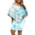 Samoa Siapo Pattern With Teal Hibiscus Off Shoulder Short Dress LT05 Women Teal - Polynesian Pride