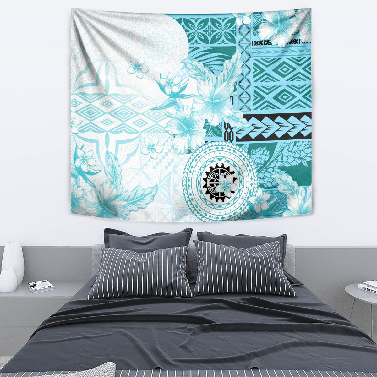 Samoa Siapo Pattern With Teal Hibiscus Tapestry