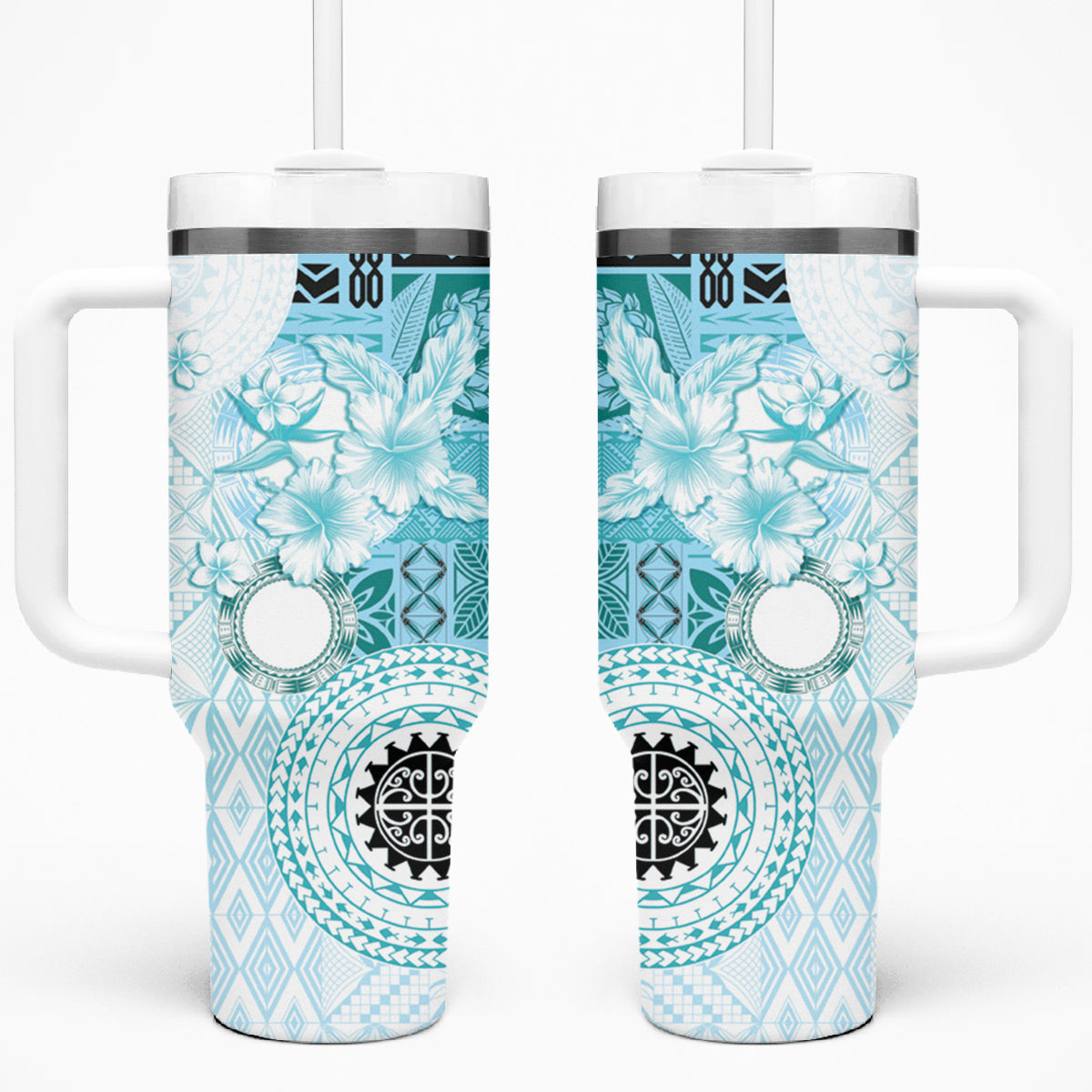 Samoa Siapo Pattern With Teal Hibiscus Tumbler With Handle