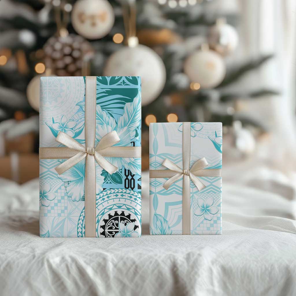 Samoa Siapo Pattern With Teal Hibiscus Wrapping Paper - Polynesian Pride