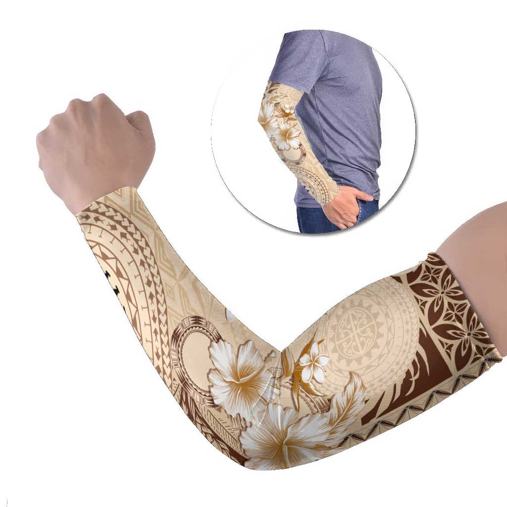 Samoa Siapo Pattern With Beige Hibiscus Arm Sleeves LT05 Set of 2 Beige - Polynesian Pride