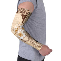 Samoa Siapo Pattern With Beige Hibiscus Arm Sleeves LT05 - Polynesian Pride