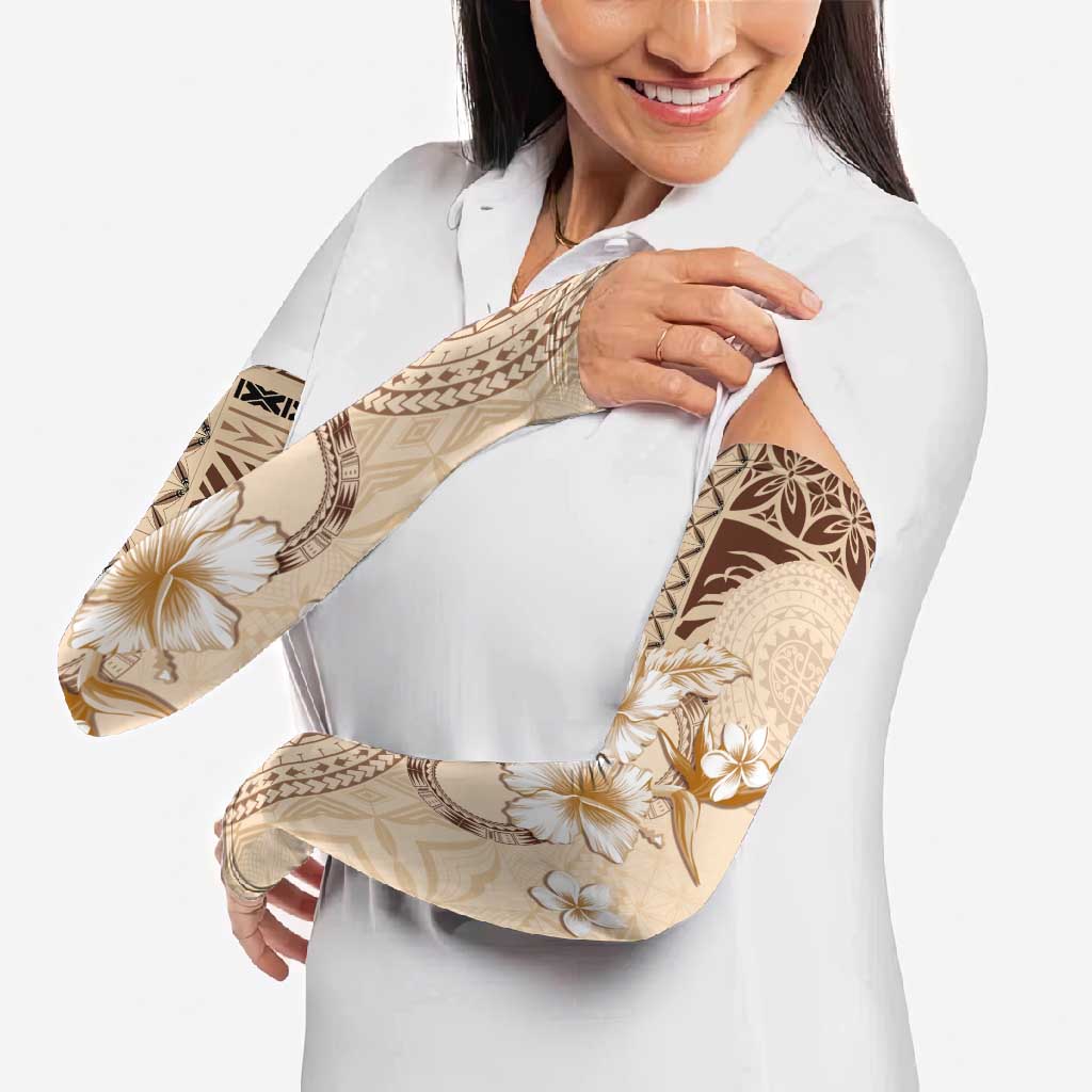 Samoa Siapo Pattern With Beige Hibiscus Arm Sleeves LT05 - Polynesian Pride