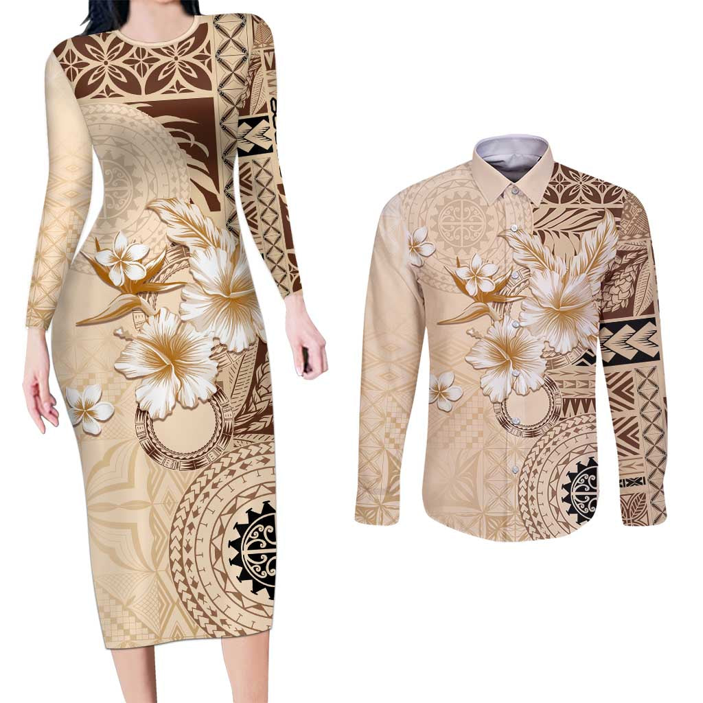Samoa Siapo Pattern With Beige Hibiscus Couples Matching Long Sleeve Bodycon Dress and Long Sleeve Button Shirt LT05