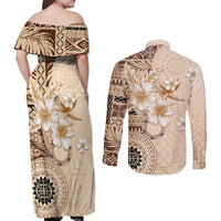 Samoa Siapo Pattern With Beige Hibiscus Couples Matching Off Shoulder Maxi Dress and Long Sleeve Button Shirt LT05 - Polynesian Pride
