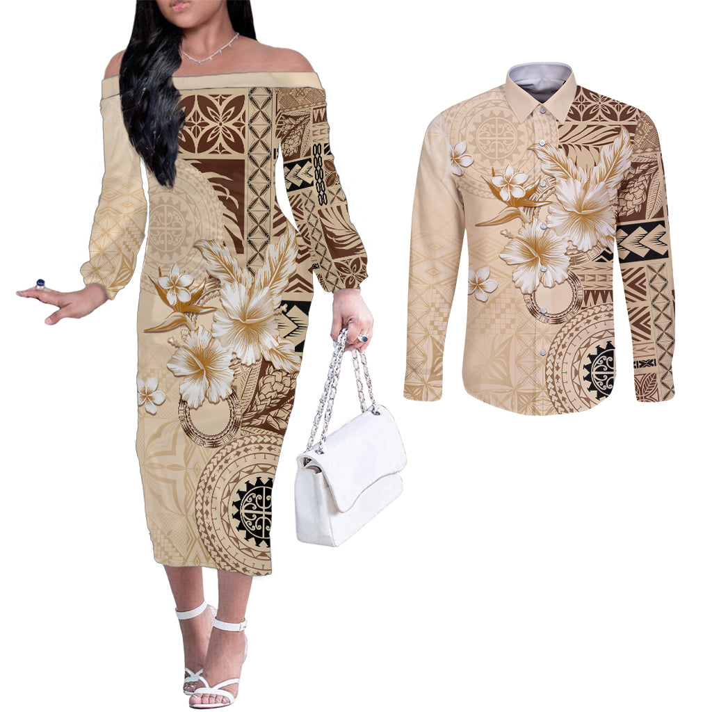 Samoa Siapo Pattern With Beige Hibiscus Couples Matching Off The Shoulder Long Sleeve Dress and Long Sleeve Button Shirt LT05 Beige - Polynesian Pride