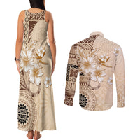 Samoa Siapo Pattern With Beige Hibiscus Couples Matching Tank Maxi Dress and Long Sleeve Button Shirt LT05 - Polynesian Pride