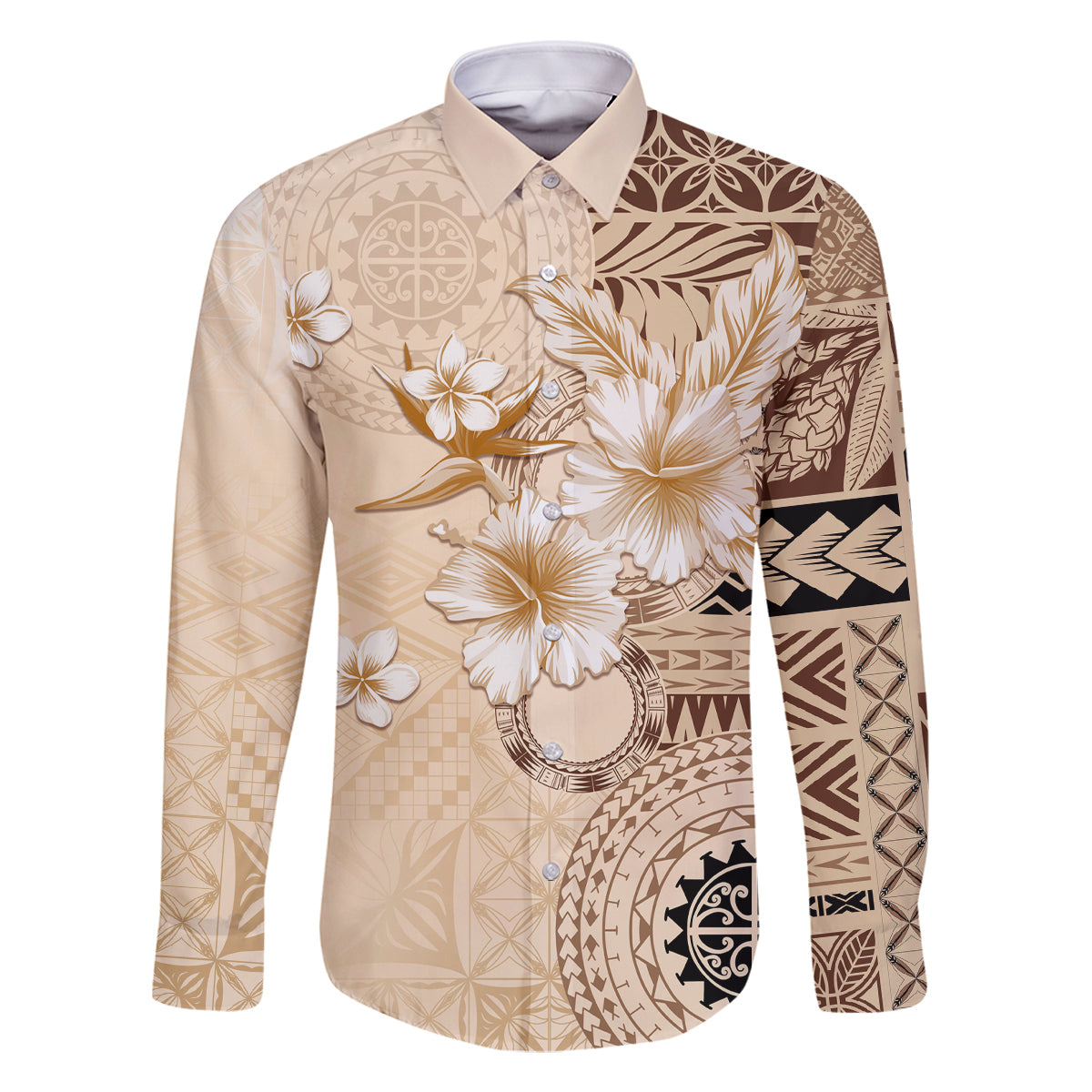 Samoa Siapo Pattern With Beige Hibiscus Family Matching Long Sleeve Bodycon Dress and Hawaiian Shirt LT05 Dad's Shirt - Long Sleeve Beige - Polynesian Pride