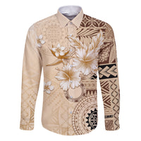 Samoa Siapo Pattern With Beige Hibiscus Family Matching Puletasi and Hawaiian Shirt LT05 Dad's Shirt - Long Sleeve Beige - Polynesian Pride