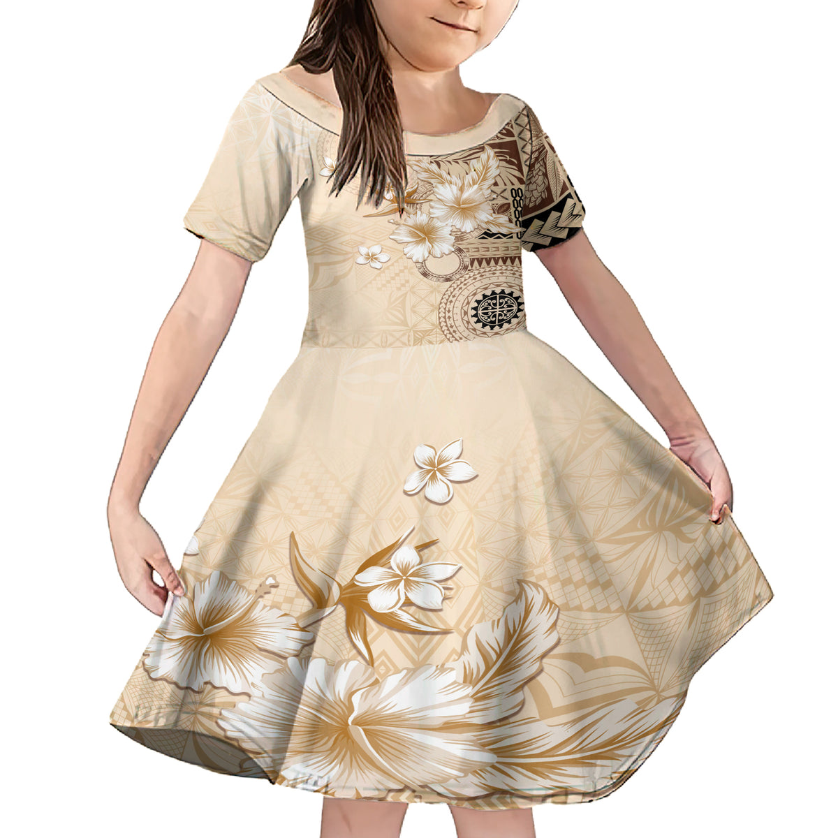 Samoa Siapo Pattern With Beige Hibiscus Family Matching Short Sleeve Bodycon Dress and Hawaiian Shirt LT05 Daughter's Dress Beige - Polynesian Pride
