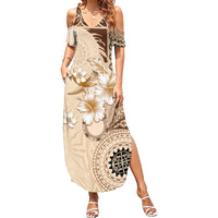 Samoa Siapo Pattern With Beige Hibiscus Family Matching Summer Maxi Dress and Hawaiian Shirt LT05 Mom's Dress Beige - Polynesian Pride