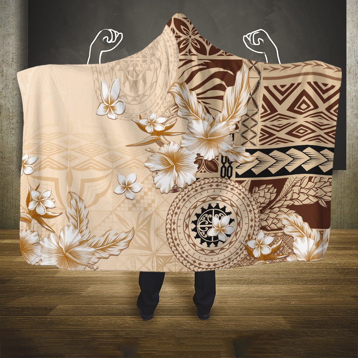 Samoa Siapo Pattern With Beige Hibiscus Hooded Blanket