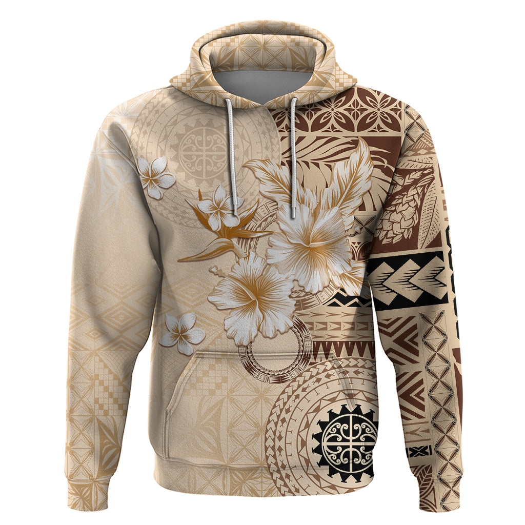 Samoa Siapo Pattern With Beige Hibiscus Hoodie LT05 Pullover Hoodie Beige - Polynesian Pride