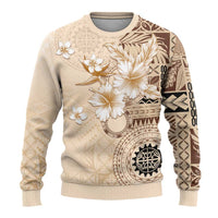 Samoa Siapo Pattern With Beige Hibiscus Ugly Christmas Sweater
