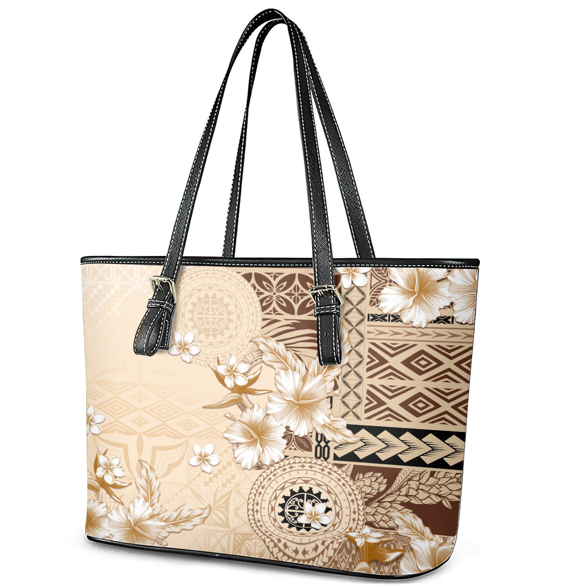 Samoa Siapo Pattern With Beige Hibiscus Leather Tote Bag