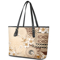 Samoa Siapo Pattern With Beige Hibiscus Leather Tote Bag