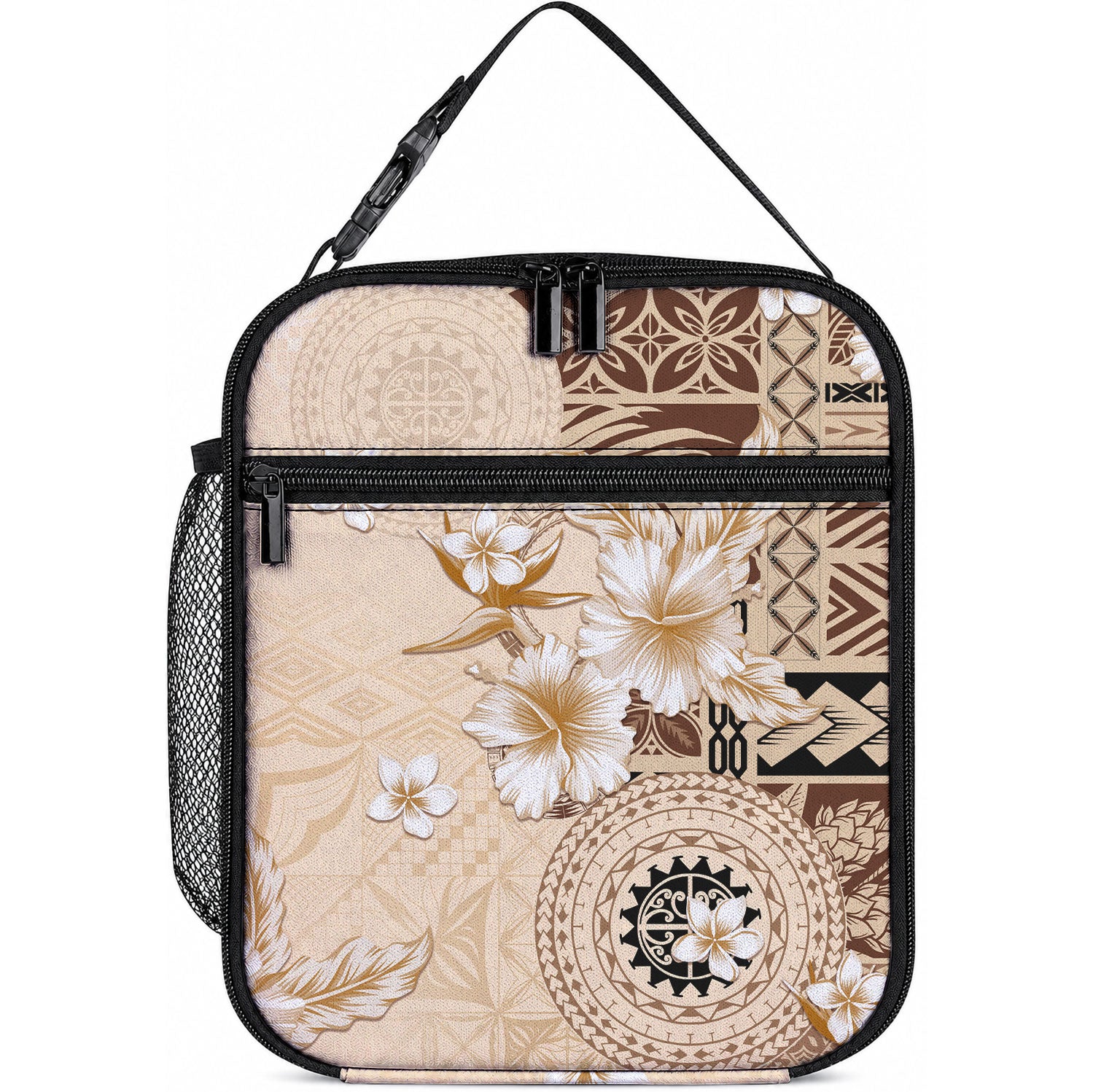 Samoa Siapo Pattern With Beige Hibiscus Lunch Bag LT05 10.2 × 8.3 × 4.3 inch Beige - Polynesian Pride