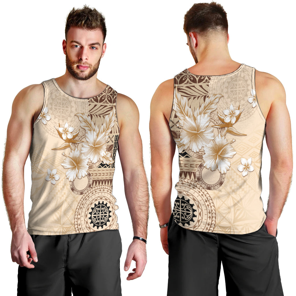 Samoa Siapo Pattern With Beige Hibiscus Men Tank Top LT05 - Polynesian Pride