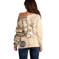 Samoa Siapo Pattern With Beige Hibiscus Off Shoulder Sweater LT05 - Polynesian Pride