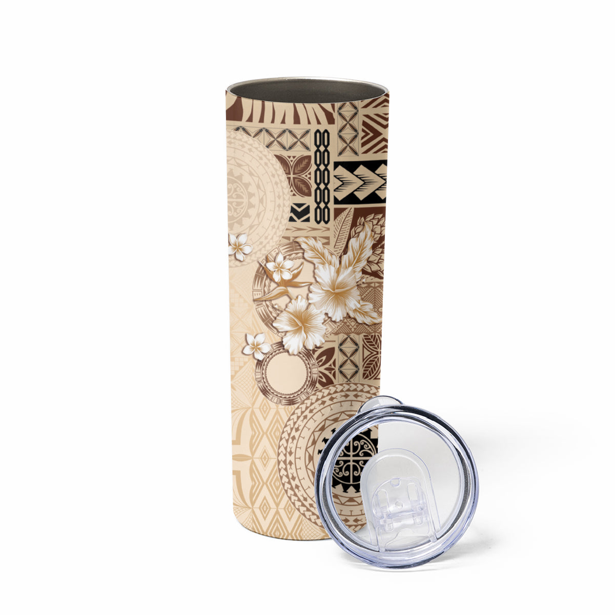 Samoa Siapo Pattern With Beige Hibiscus Skinny Tumbler
