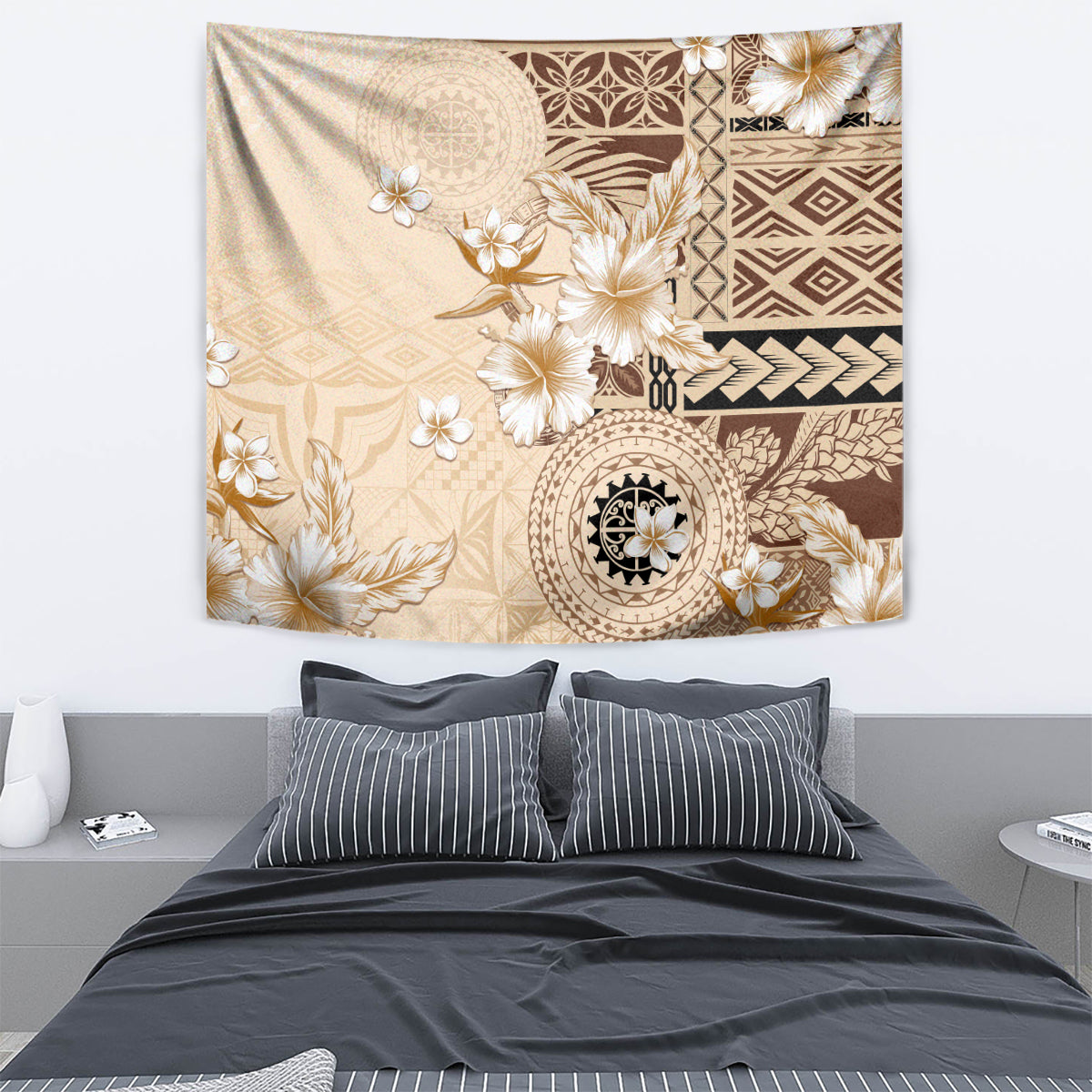 Samoa Siapo Pattern With Beige Hibiscus Tapestry