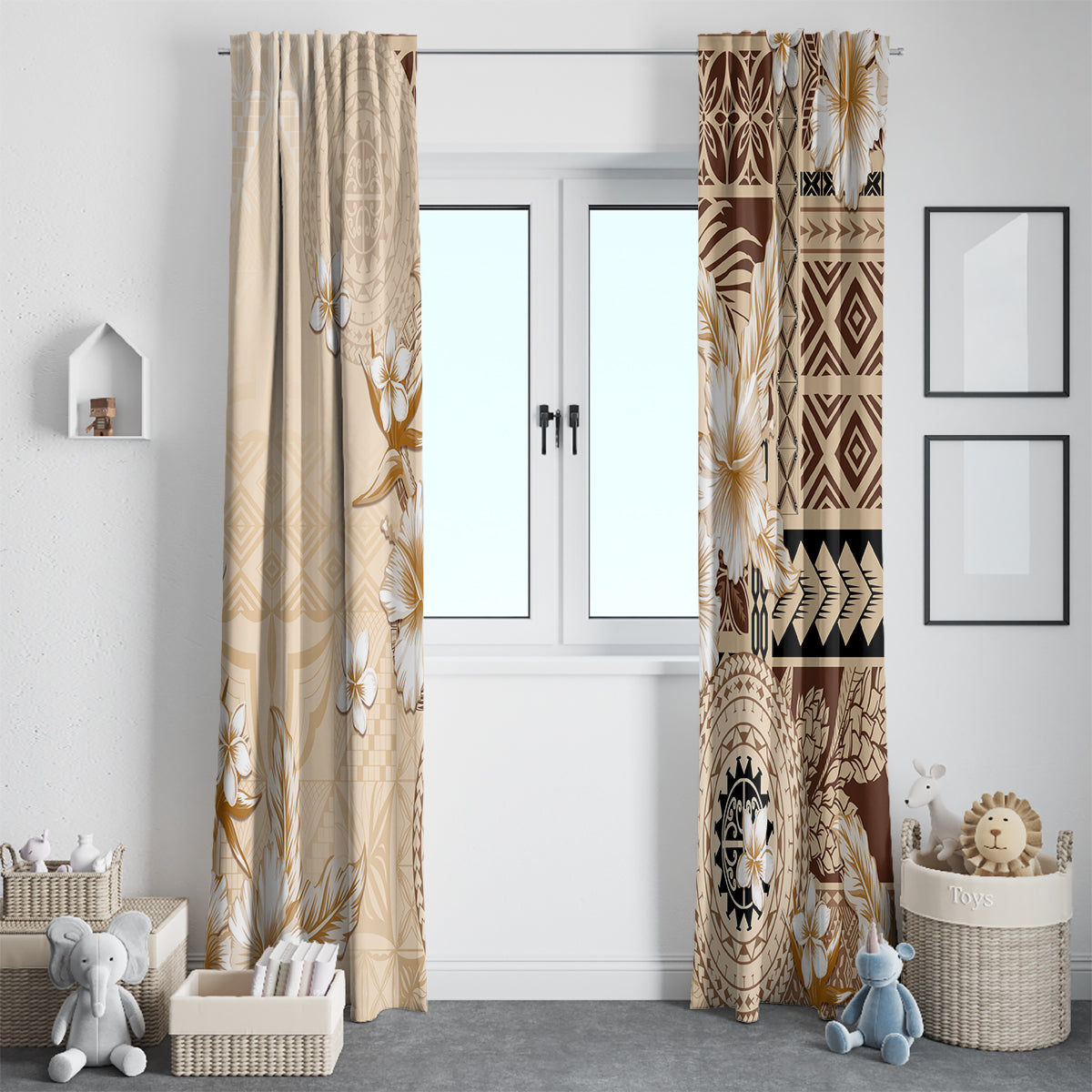 Samoa Siapo Pattern With Beige Hibiscus Window Curtain