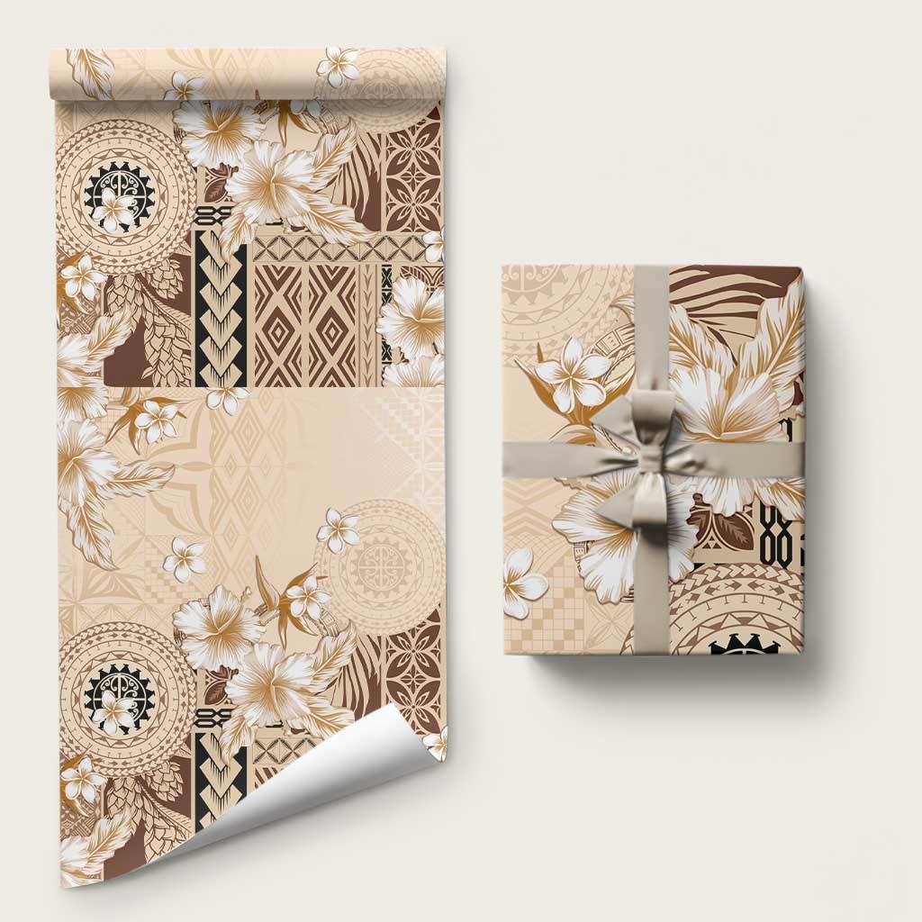 Samoa Siapo Pattern With Beige Hibiscus Wrapping Paper - Polynesian Pride