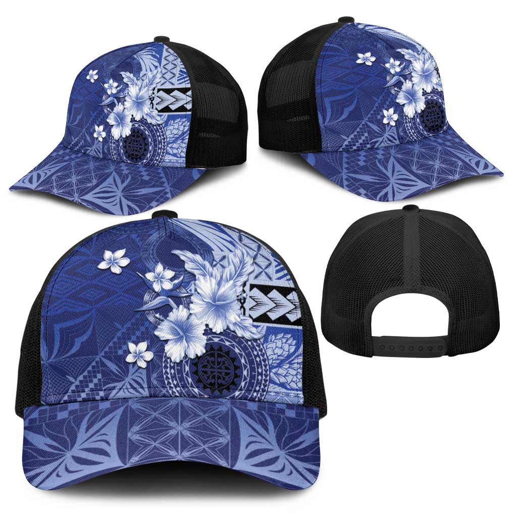 Samoa Siapo Pattern With Navy Hibiscus Baseball Net Cap - Polynesian Pride