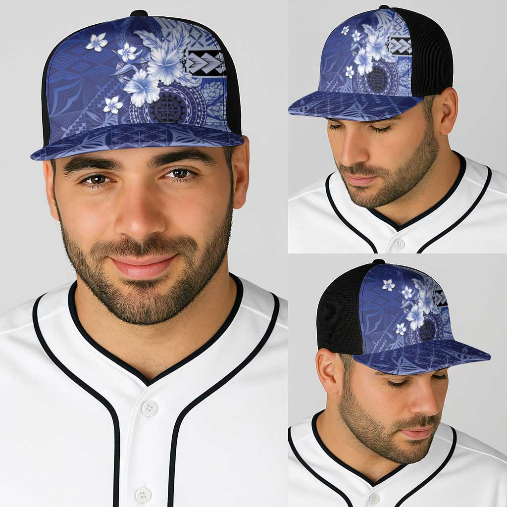 Samoa Siapo Pattern With Navy Hibiscus Baseball Net Cap - Polynesian Pride
