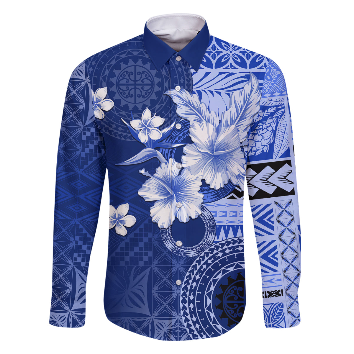 Samoa Siapo Pattern With Navy Hibiscus Family Matching Long Sleeve Bodycon Dress and Hawaiian Shirt LT05 Dad's Shirt - Long Sleeve Navy - Polynesian Pride