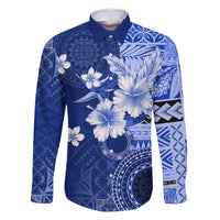 Samoa Siapo Pattern With Navy Hibiscus Family Matching Off Shoulder Long Sleeve Dress and Hawaiian Shirt LT05 Dad's Shirt - Long Sleeve Navy - Polynesian Pride