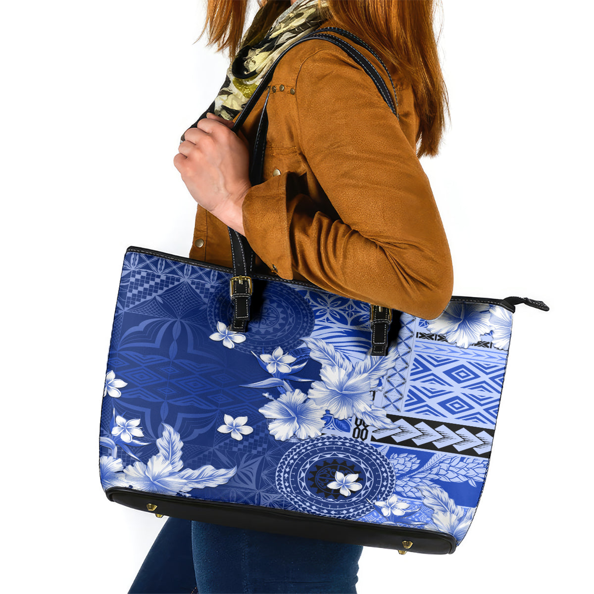 Samoa Siapo Pattern With Navy Hibiscus Leather Tote Bag