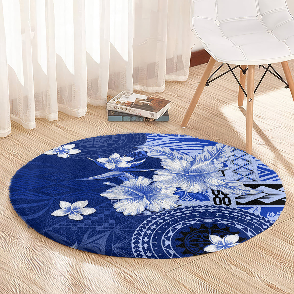 Samoa Siapo Pattern With Navy Hibiscus Round Carpet