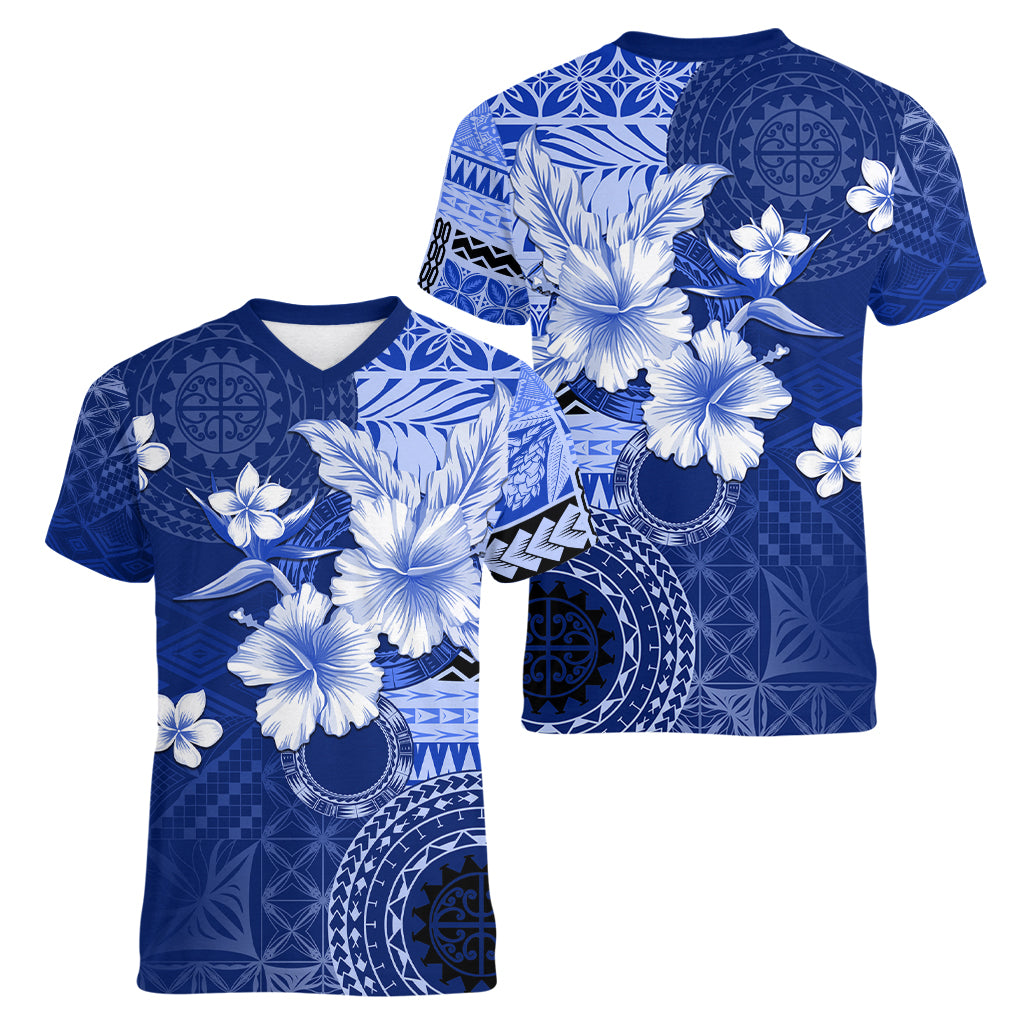 Samoa Siapo Pattern With Navy Hibiscus Women V Neck T Shirt LT05 - Polynesian Pride