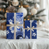 Samoa Siapo Pattern With Navy Hibiscus Wrapping Paper - Polynesian Pride