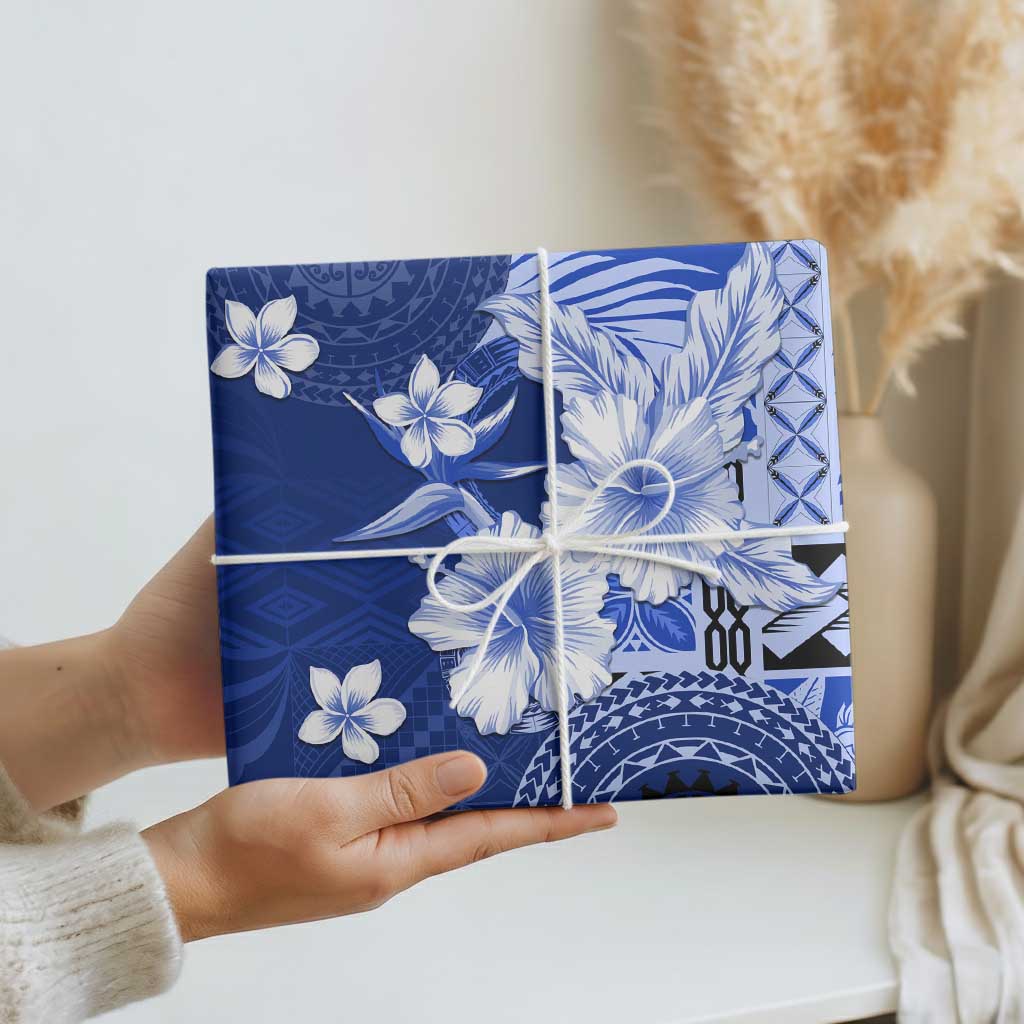 Samoa Siapo Pattern With Navy Hibiscus Wrapping Paper - Polynesian Pride