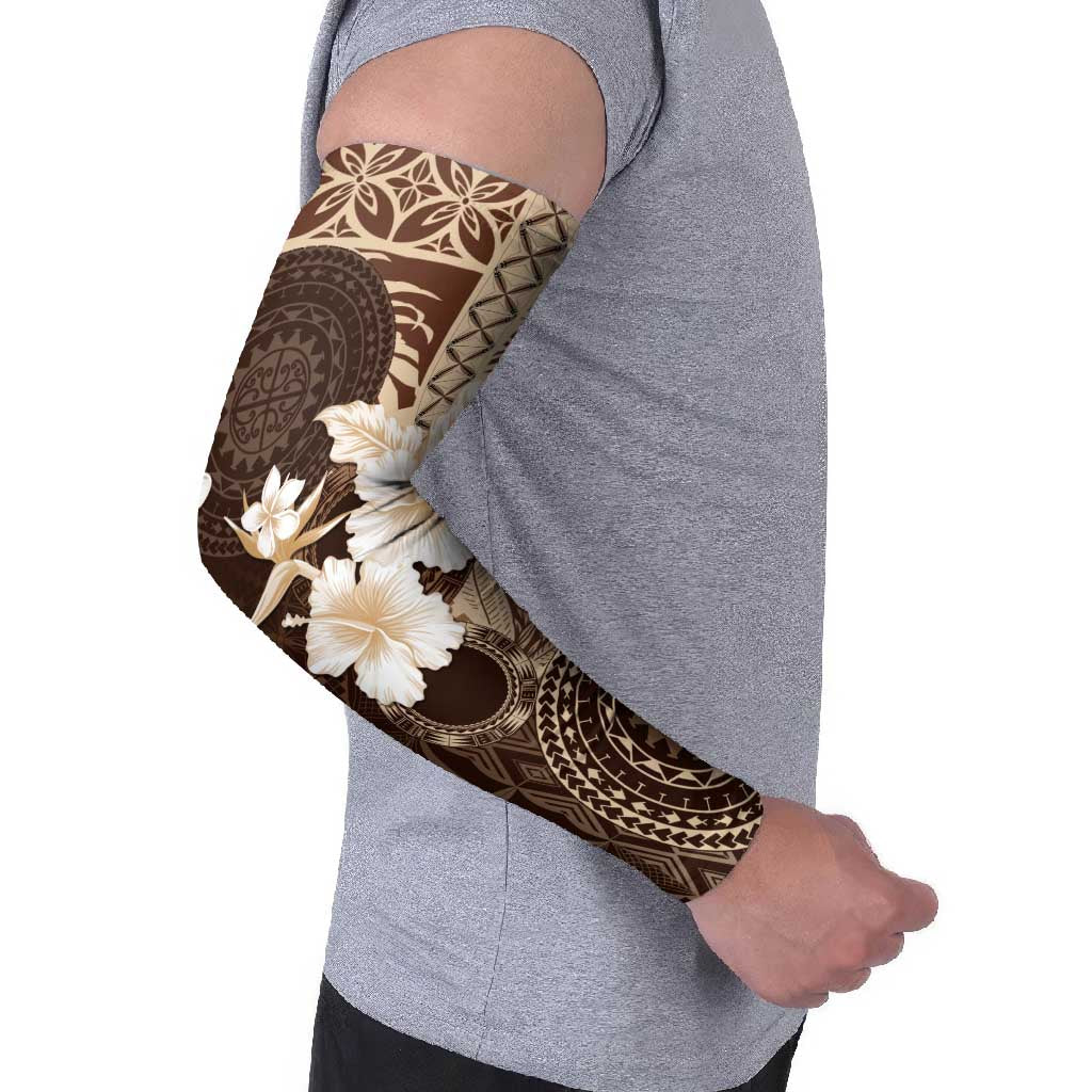 Samoa Siapo Pattern With Brown Hibiscus Arm Sleeves LT05 - Polynesian Pride