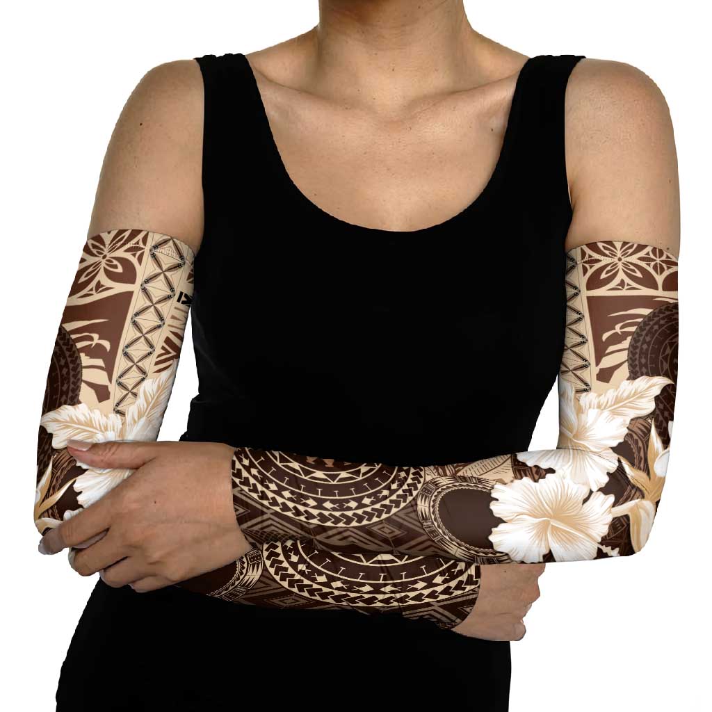 Samoa Siapo Pattern With Brown Hibiscus Arm Sleeves LT05 - Polynesian Pride