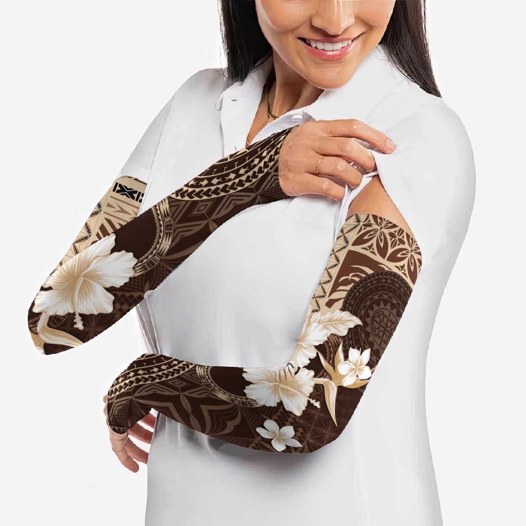 Samoa Siapo Pattern With Brown Hibiscus Arm Sleeves LT05 - Polynesian Pride