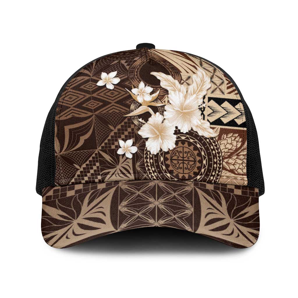 Samoa Siapo Pattern With Brown Hibiscus Baseball Net Cap - Polynesian Pride