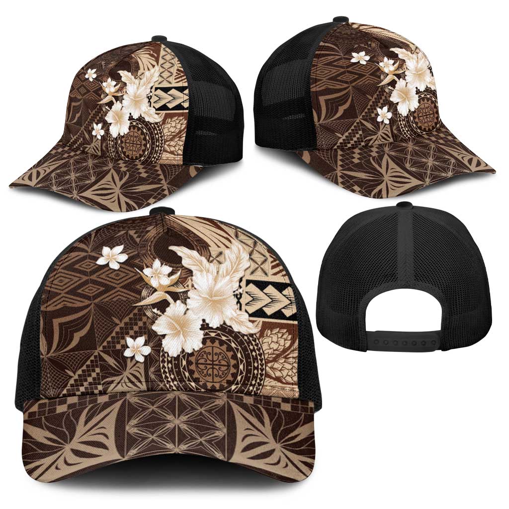 Samoa Siapo Pattern With Brown Hibiscus Baseball Net Cap - Polynesian Pride