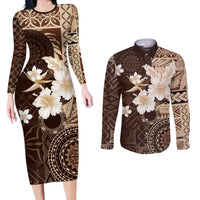 Samoa Siapo Pattern With Brown Hibiscus Couples Matching Long Sleeve Bodycon Dress and Long Sleeve Button Shirt LT05