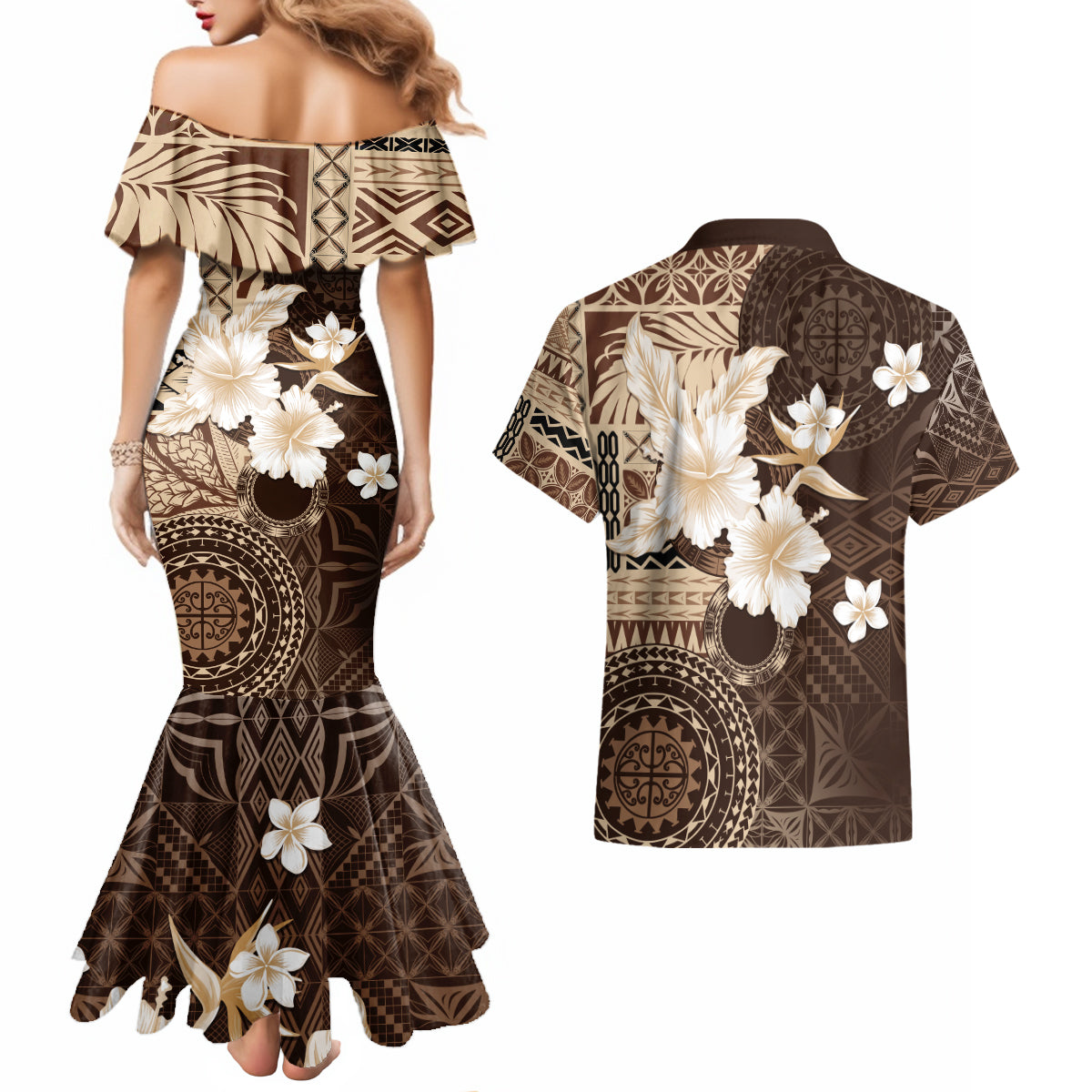 Samoa Siapo Pattern With Brown Hibiscus Couples Matching Mermaid Dress and Hawaiian Shirt LT05 - Polynesian Pride
