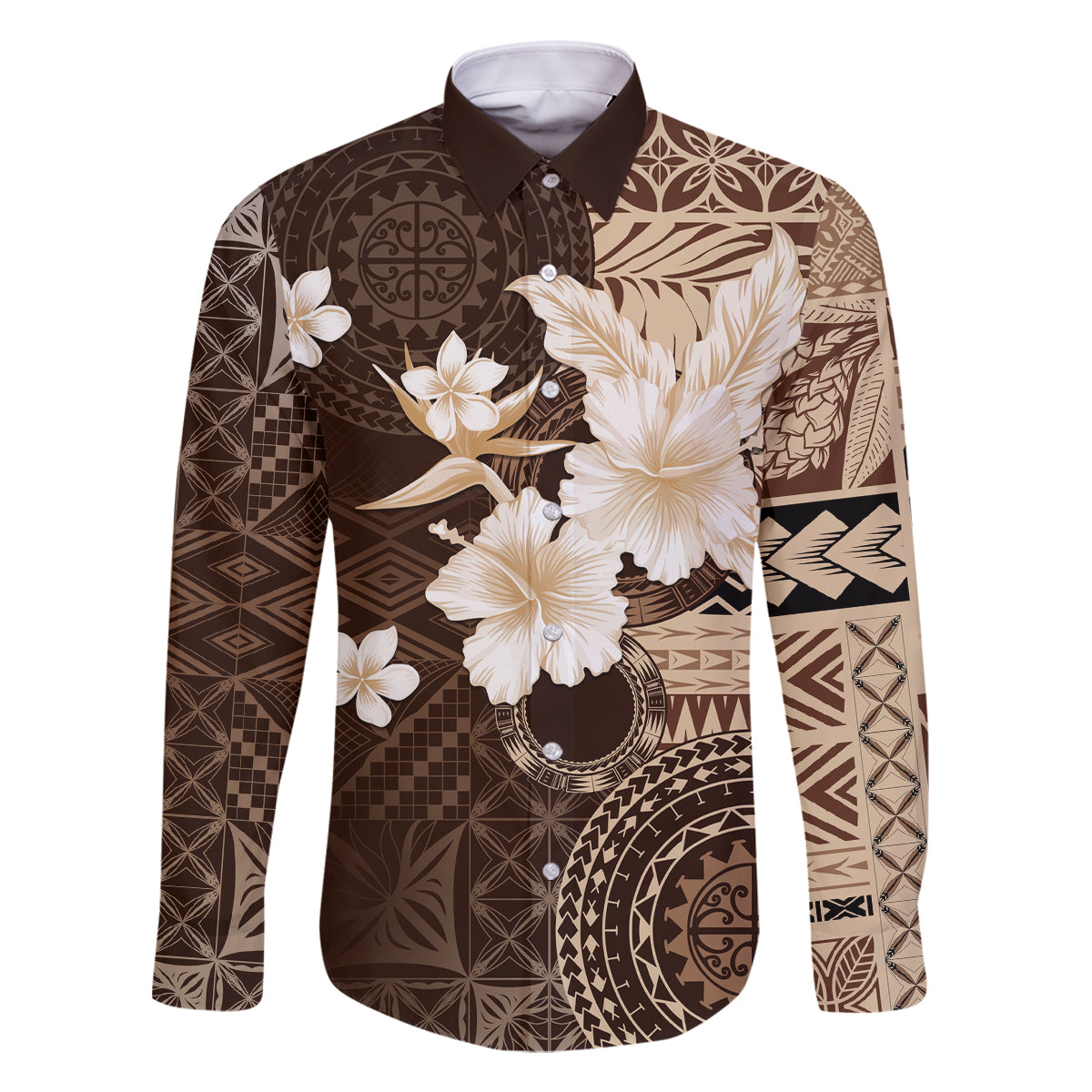Samoa Siapo Pattern With Brown Hibiscus Family Matching Mermaid Dress and Hawaiian Shirt LT05 Dad's Shirt - Long Sleeve Brown - Polynesian Pride